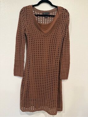 INC International Concepts Brown Crochet Long Sleeve Dress